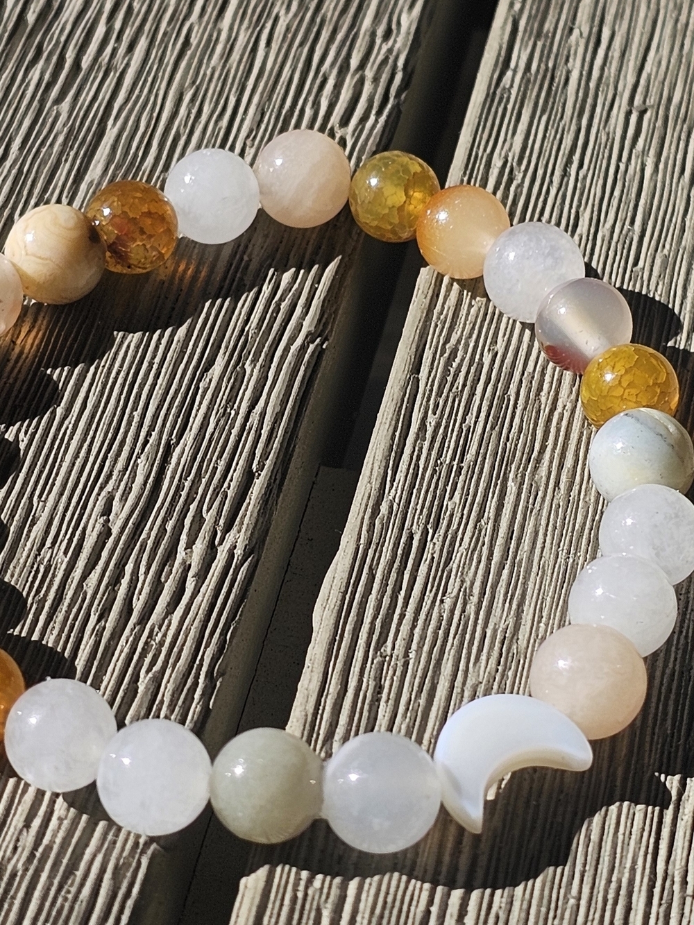 Multi-Color Amber Beaded Moon Charm Stretch Bracelet